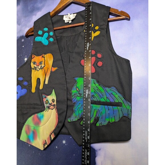 Vintage Silkscapes Cat Vest Black Silk Appliqué Whimsical Art to Wear Size S - Picture 8 of 10